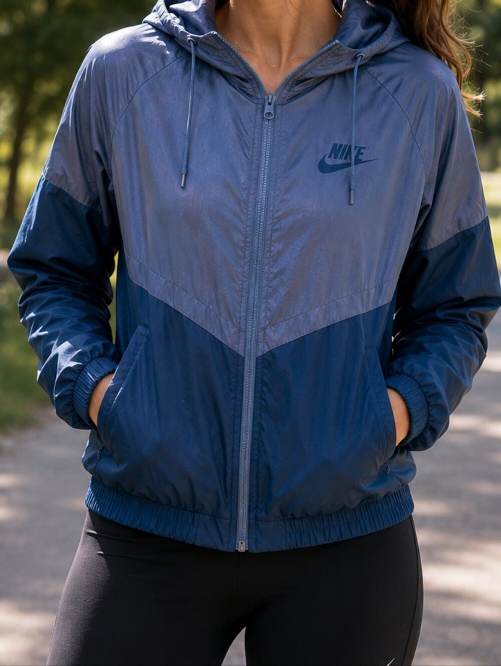 Nike Windrunner Jacket Women's Large Blue Hooded Full Zip Windbreaker